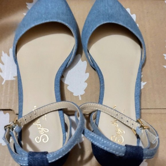Seychelles Plateau Denim Ankle Strap Flats Sz 6 Anthropologie ~ Like New! - Picture 9 of 12